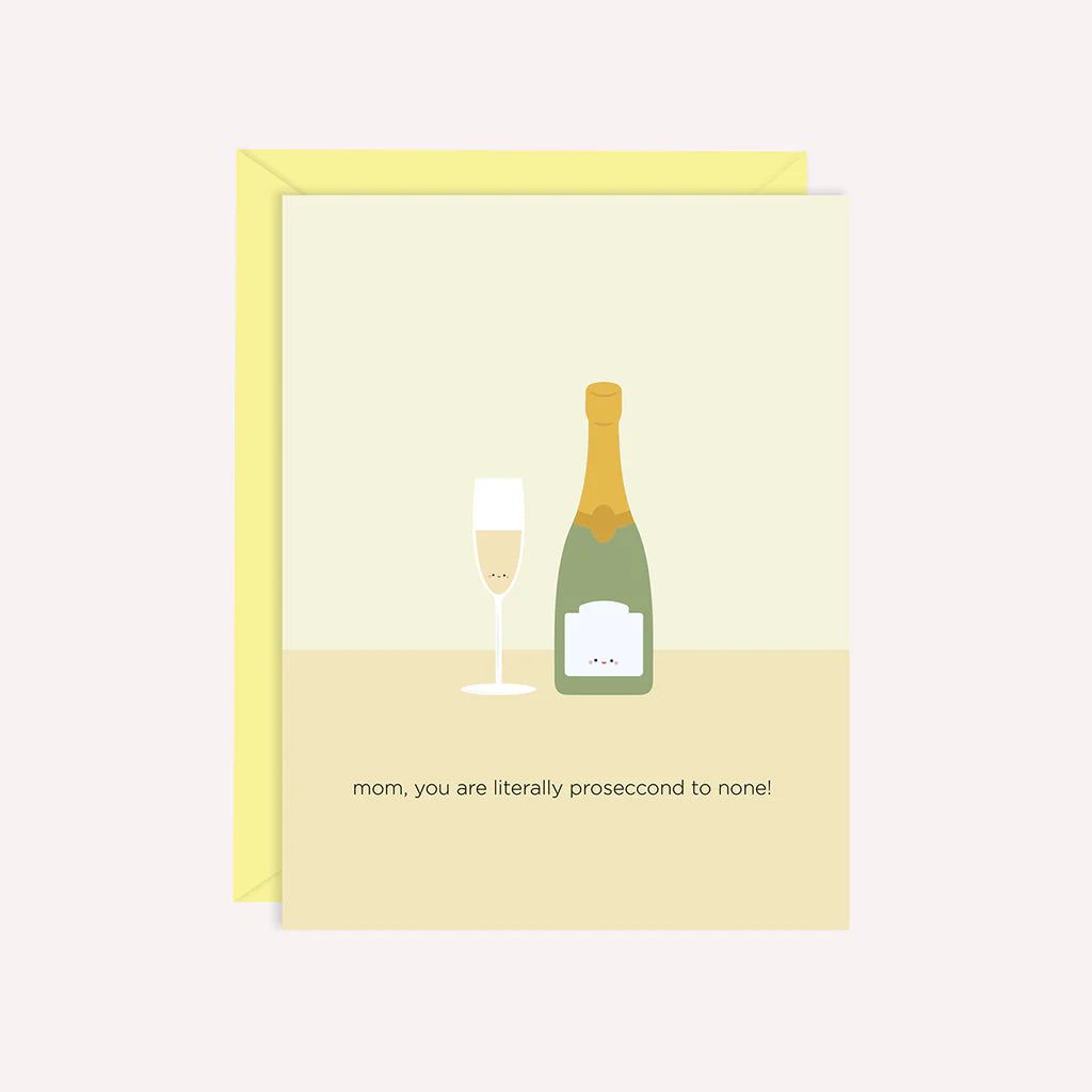 Greeting card with champagne bottle and glass illustration and humorous text on a beige background.