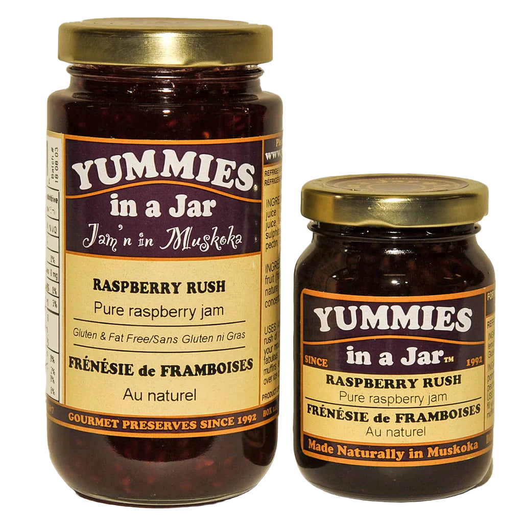 Two jars of Yummies in a Jar Raspberry Rush jam