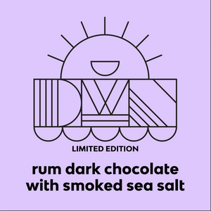 rum-infused dark chocolate bar with smoked salt flavour label