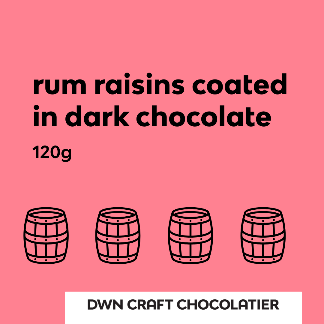 Product label for rum raisins coated in dark chocolate with a pink background and 'DWN Craft Chocolatier' branding.
