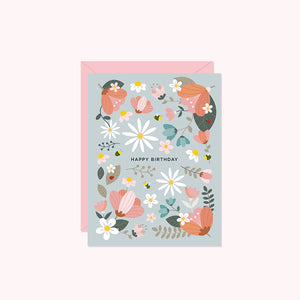 happy birthday is written on a sage green background and surrounded by flowers