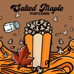 Illustration of salted maple popcorn with a brown background, popcorn, and a maple leaf.