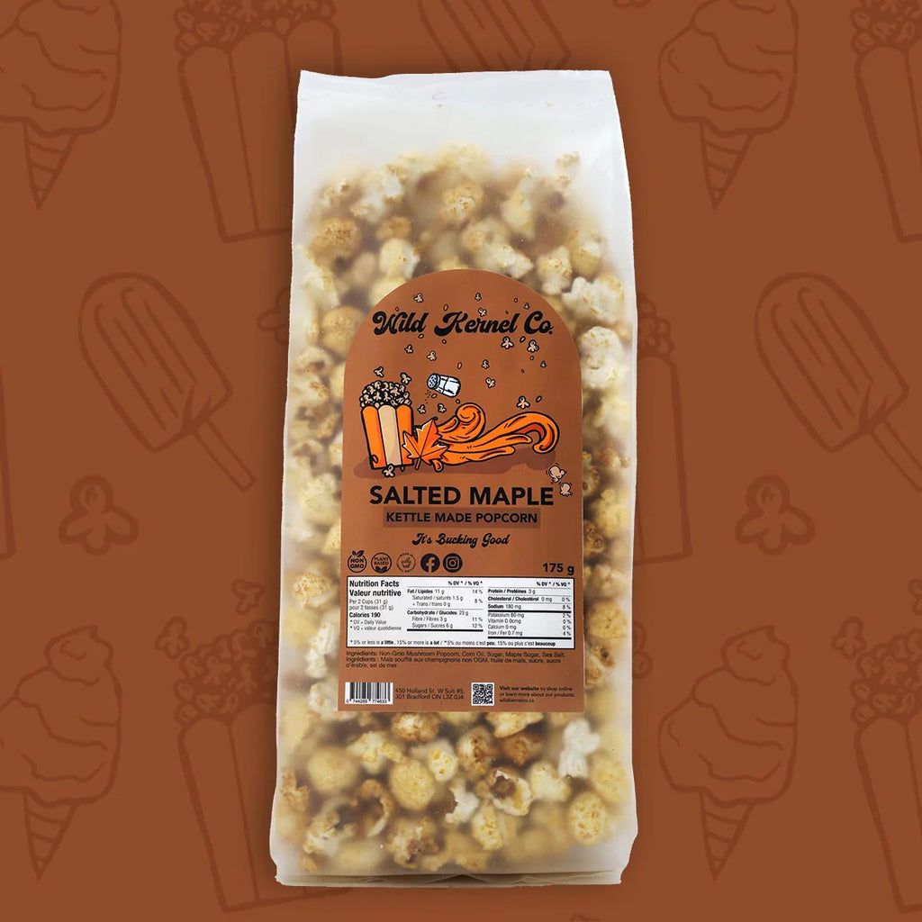 Bag of salted maple kettle made popcorn with a brown label on a brown background.