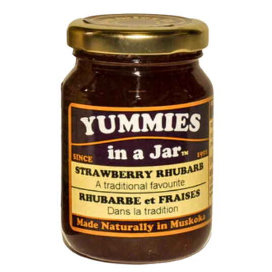 a 125ml jar strawberry and rhubarb jam