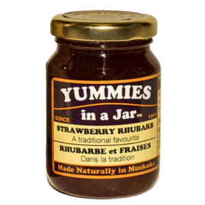 a 125ml jar strawberry and rhubarb jam