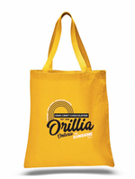 Load image into Gallery viewer, yellow tote bag with 'Orillia, Ontario The Sunshine City' text on a white background
