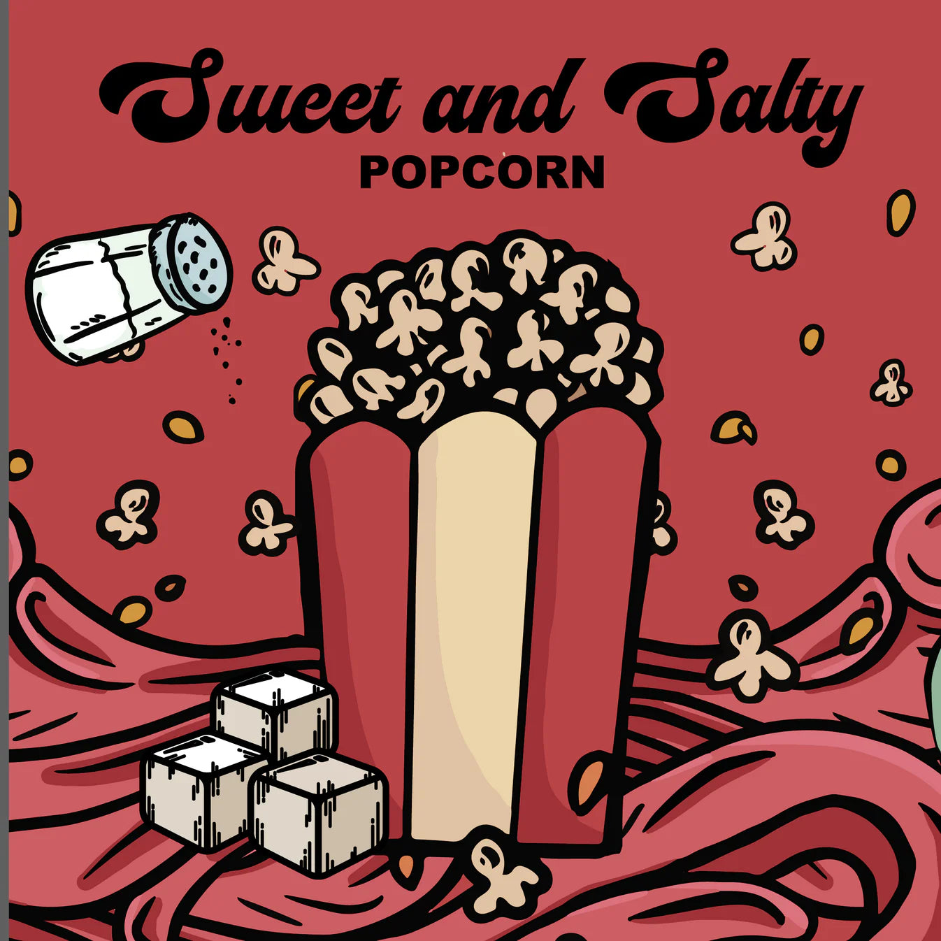 Illustration of a popcorn container with popcorn, salt shaker, and butter on a red background with 'Sweet and Salty Popcorn' text.