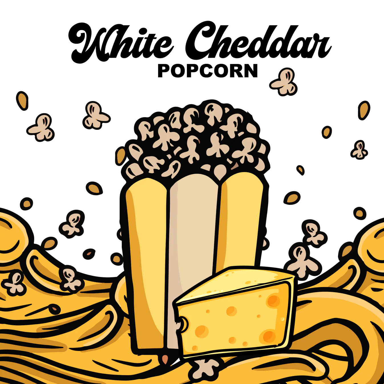 Illustration of white cheddar popcorn with a block of cheese and popcorn kernels.