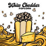 Load image into Gallery viewer, Illustration of white cheddar popcorn with a block of cheese and popcorn kernels.

