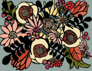 illustration of a variety of florals in a retro style that fills the front of the card