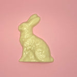 Load image into Gallery viewer, white chocolate rabbit on a pink background
