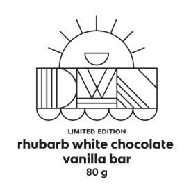 white background with black DWN sun logo and text that reads, "limited edition. rhubarb white chocolate vanilla bar. 80g."