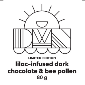 black text on a white background that reads, "limited edition. lilac-infused dark chocolate & bee pollen. 80g"