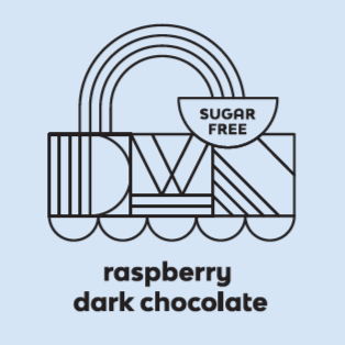 a blue label with the DWN logo that reads, "sugar free. raspberry dark chocolate."