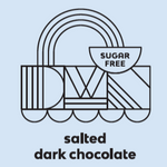 Load image into Gallery viewer, a blue label with a DWN logo that reads, &quot;sugar free. salted dark chocolate&quot;

