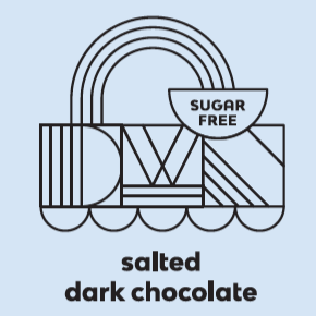 a blue label with a DWN logo that reads, "sugar free. salted dark chocolate"
