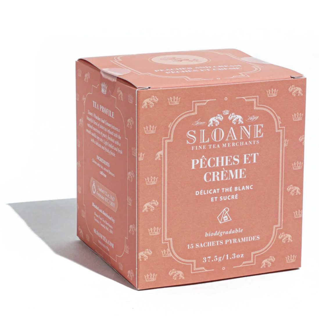 a box of Peaches and Cream Sloane Tea on a white background