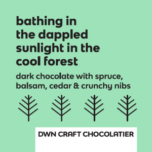 black text on a light green background that reads, "bathing in the dappled sunlight in the cool forest; dark chocolate with spruce, balsam, cedar & crunchy nibs"