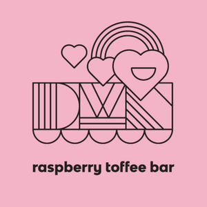 pink label with DWN logo and black text that reads, "raspberry toffee bar"