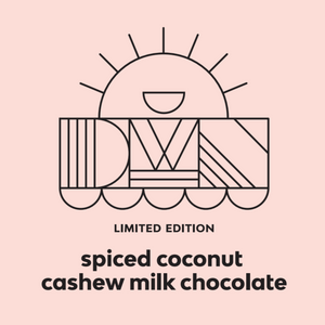 black text on a peach-coloured background that reads, "limited edition. spiced coconut cashew milk chocolate"