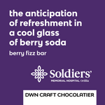 Load image into Gallery viewer, white text on a purple background that reads, &quot;the anticipation of refreshment in a cool glass of berry soda. berry fizz bar&quot; with the Soldiers&#39; Memorial Hospital Orillia logo and the DWN Craft Chocolatier logo
