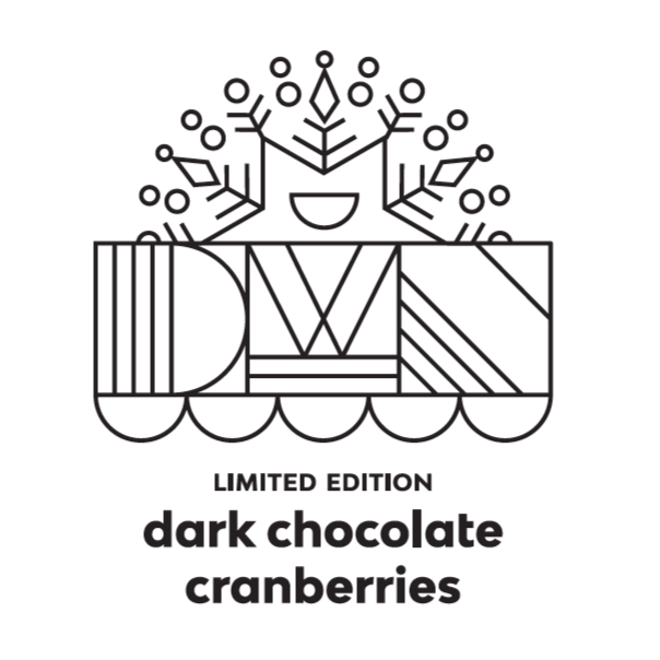 black text on a white background that reads, "limited edition. dark chocolate cranberries."